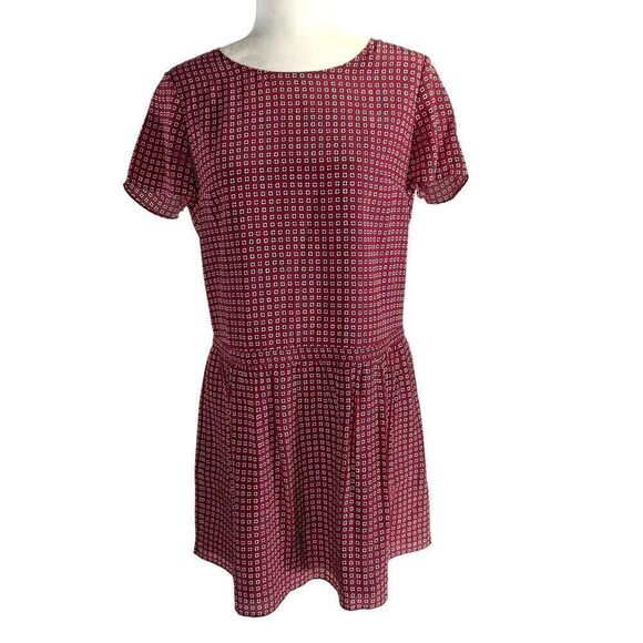 Madewell Women's Size 2 Silk Short Sleeve Ascot Tile Drop Waist Dress Burgundy - Picture 2 of 12